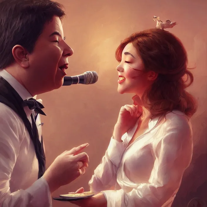 Image similar to michael mcintyre flirting with a singing waitress, elegant, real life skin, intricate artwork, high detailed, artstation, concept art, smooth, sharp focus, art by artgerm and greg rutkowski