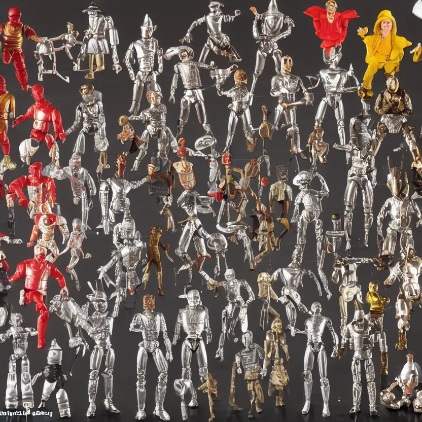 Image similar to a photograph of my collection of action figures of futuristic cyborg tin man from the wiz the movie, happy singing & dancing, 4 k, highly detailed, award winning, look at all that detail!