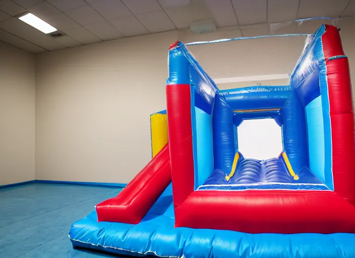 Image similar to photo still of a bounce house in prison!!!!!!!! at age 3 6 years old 3 6 years of age!!!!!!!! inmated jumping in it, 8 k, 8 5 mm f 1. 8, studio lighting, rim light, right side key light