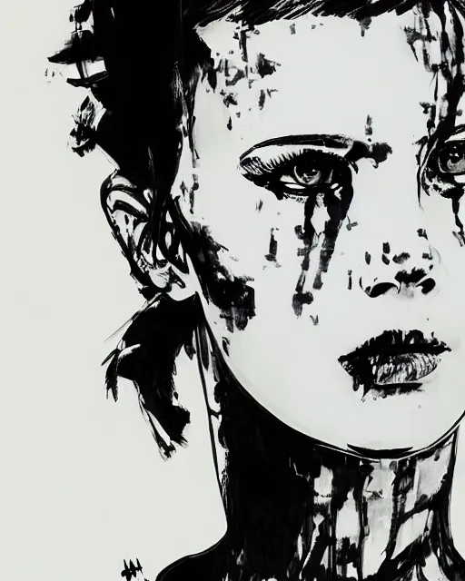 Image similar to portrait of millie bobby brown by yoji shinkawa, black and white