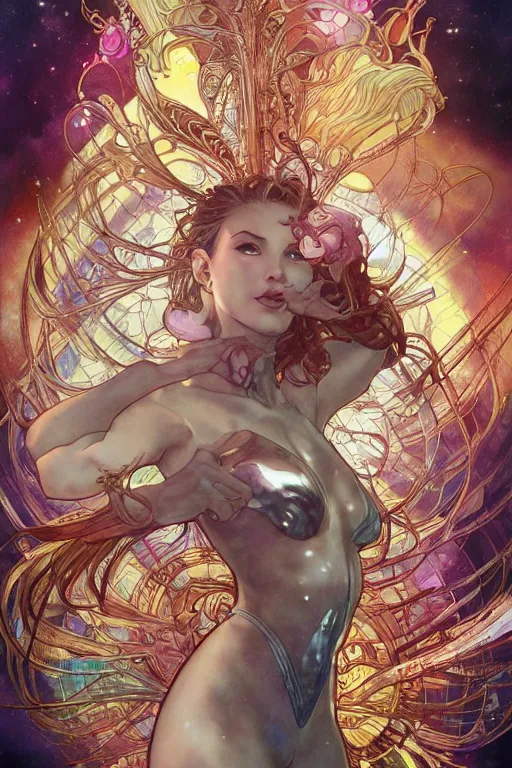Image similar to swimming through time, by artgerm and yoshitaka amano and moebius and alphonse mucha, hyperdetailed, dc comics, ornate, nebula, explosions in the sky, trending on artstation