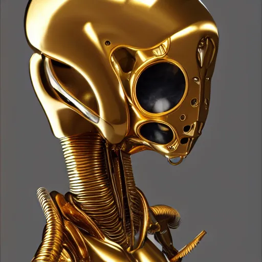 Image similar to Tall gold robotic alien creature portrait, dramatic lighting, very detailed, electrical details, high details, 4k, 8k, trending on artstation, by Hajime Sorayama and Paolo Eleuteri Serpieri