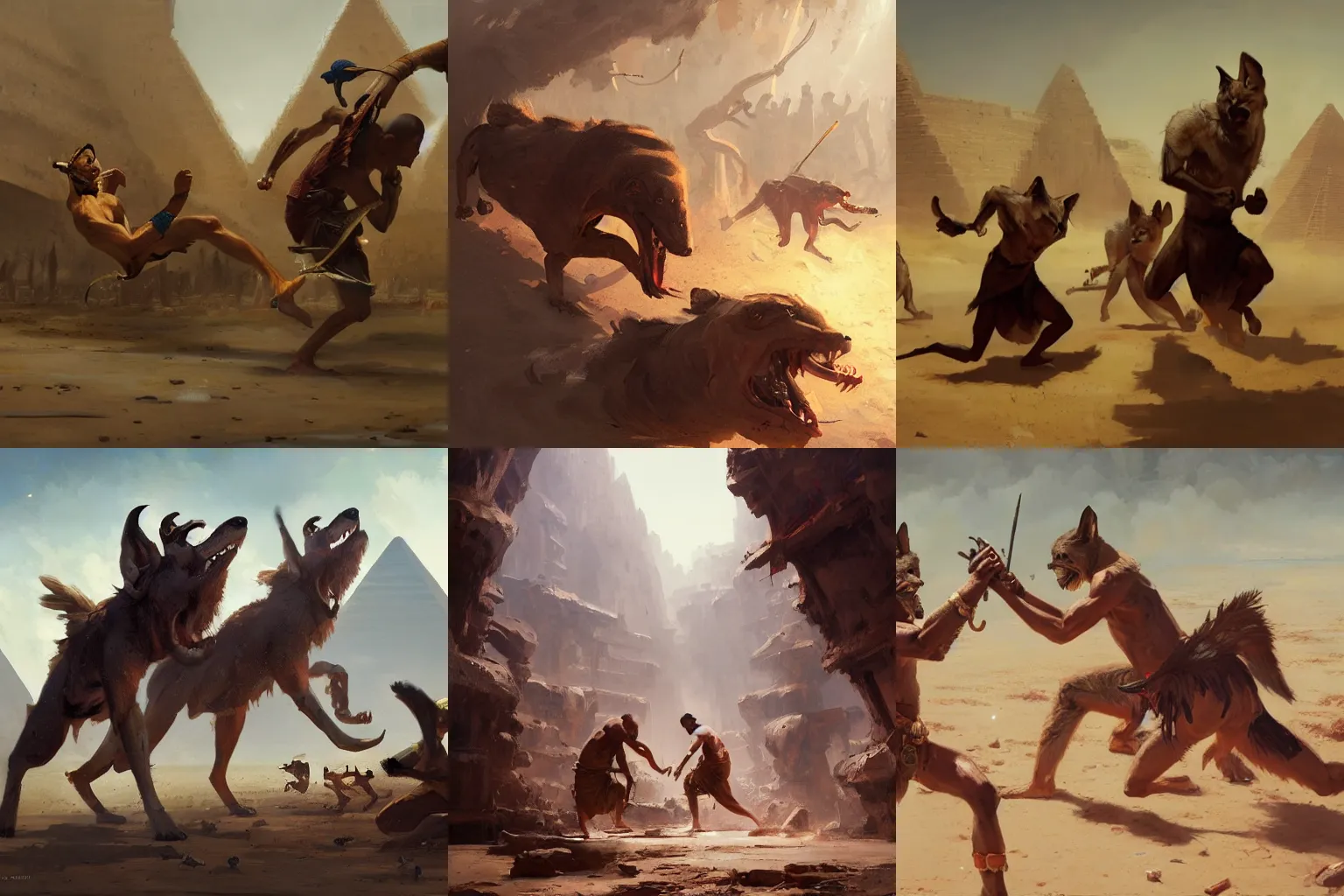 Prompt: human monks fight Egyptian jackals, by Greg Rutkowski, 4k, cinematic, fantasy