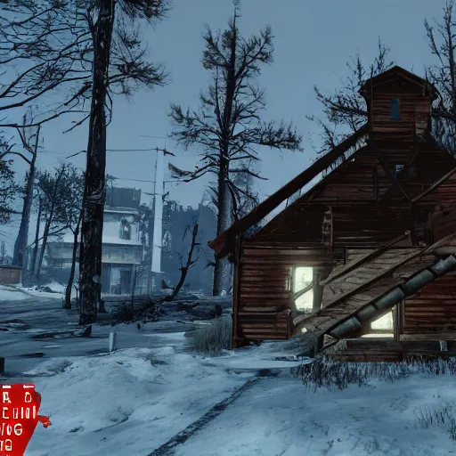 Image similar to Lapland in winter in ruins post-nuclear war in Fallout 4, in game screenshot