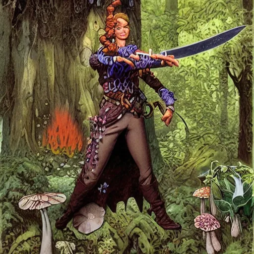 Image similar to moonshine cybin, buxom epic level dnd wood elf spore druidess, wielding a magical sword, wearing magical overalls. covered in various fungi. full character concept art, realistic, high detail digital painting by angus mcbride and michael whelan and michael william kaluta.