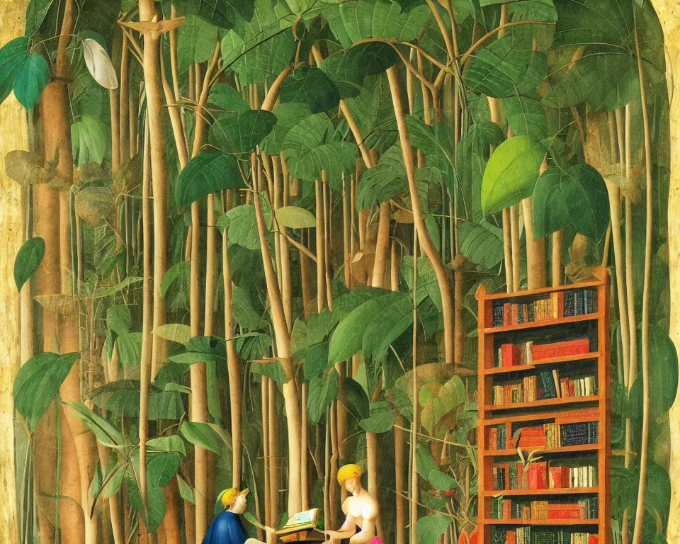 Prompt: a bookshelf in the rainforest by fra angelico. detailed, proportional, romantic, enchanting, achingly beautiful, graphic print, trending on artstation, jungle, tropical, foliage