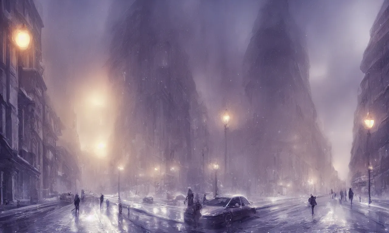 Prompt: a concept of Bucharest in winter in the style of Charlie Bowater, Charlie Bowater , sunset