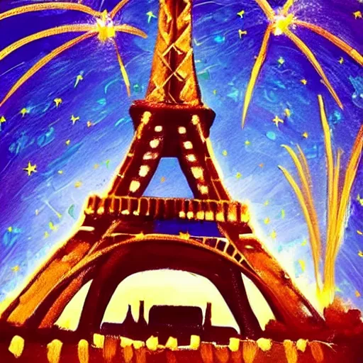 Image similar to Eiffel Tower with fireworks in the sky painting in the style of Starry Night