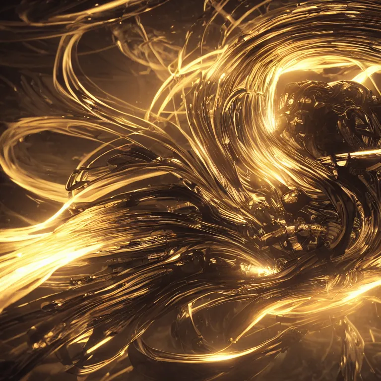 Image similar to swirling abstract cyborg parts and ornate flowing smoke streams and smooth particle effects surround a small metallic spiral, cinematic, unreal engine