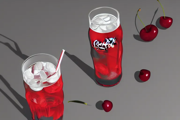 Prompt: cherry vanilla coca cola on a counter, photorealistic, digital art trending on artstation