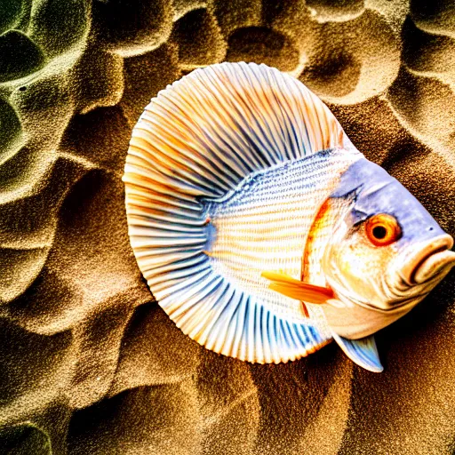 Prompt: a seashell sculpture of a fish, photorealistic, macro lens, 4K