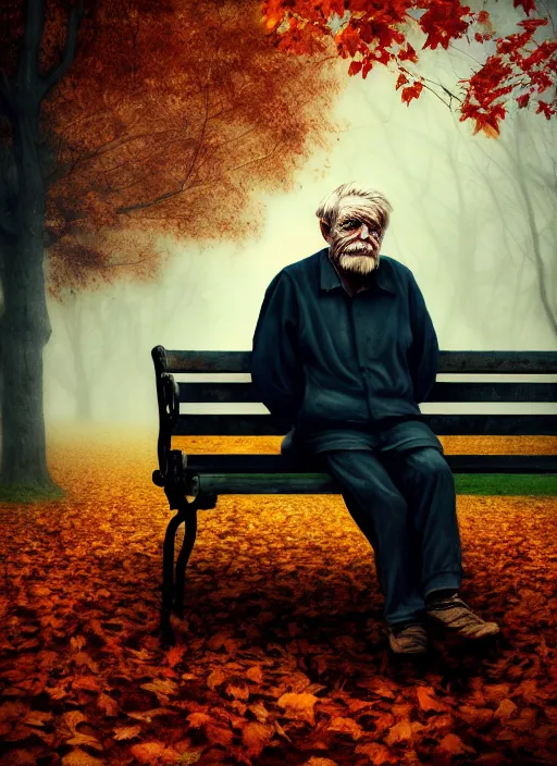 Image similar to man into leaves. conceptual photography portrait of an old man on a park bench falling apart into leaves, autumn tranquility, forgetfulness, fading to dust and leaves, oblivion, inevitability, aging, surreal portrait, moody, by tom bagshaw, hopeless, 4 k