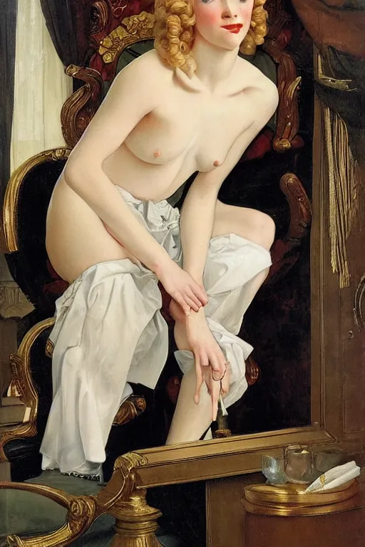 Image similar to Painting of lucius as an indolent consort, long blond drill curls, delicate androgynous prince, pale white porcelain skin, cool tones, by Leyendecker and Norman Rockwell