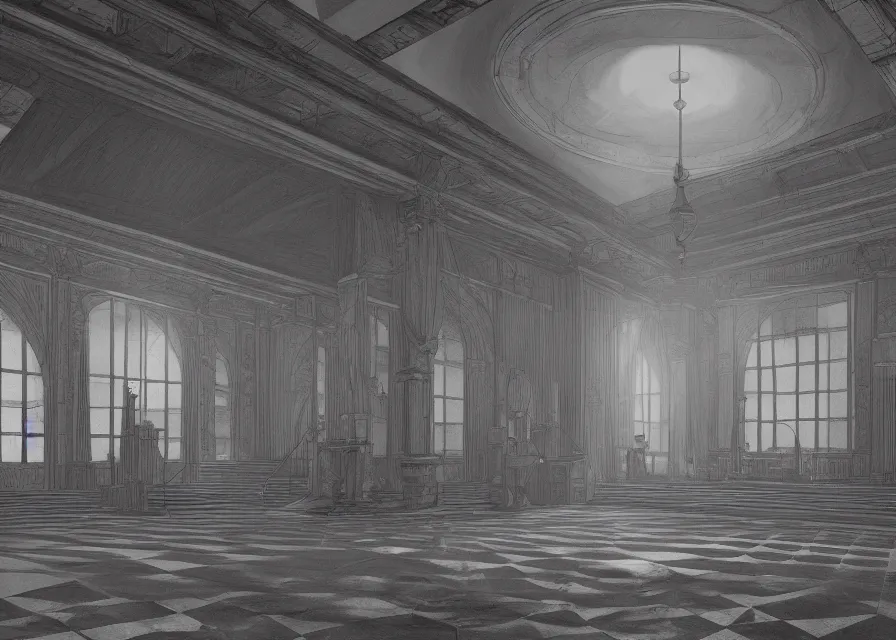 Prompt: interior of a masonic temple with checkered floor, pencil, concept art, detailed, 4k, artstation