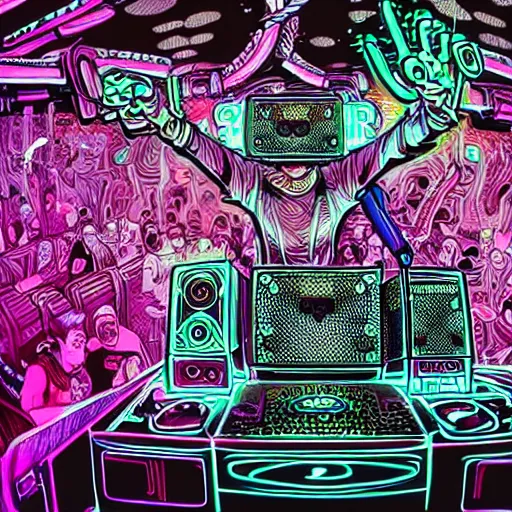 Image similar to intricate detailed artwork of a futuristic hardstyle music dj at an festival indoor rave, stage, in the style of Geof Darrow, VR headset, wires, speakers, neon