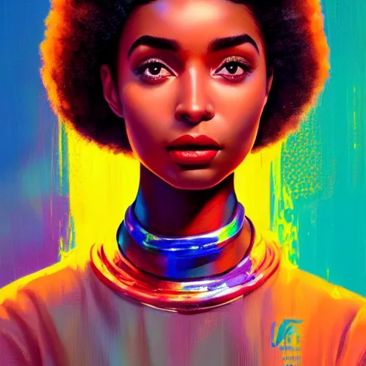 Prompt: electric yara shahidi, afrofuturism, cute - fine - face, pretty face, oil slick hair, realistic shaded perfect face, extremely fine details, realistic shaded lighting, dynamic background, poster by by ilya kuvshinov katsuhiro otomo, magali villeneuve, artgerm, jeremy lipkin and michael garmash and rob rey