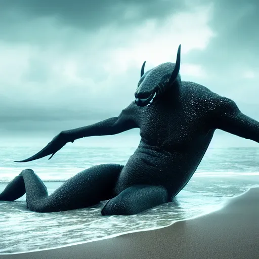 Image similar to a stunning cinematic extreme wide shot of a beautiful confident slick sleek smooth humanoid sea monster wearing clothes made of seaweed on a dark stormy beach, well designed perfect with huge sad eyes, sharp claws, cgsociety, hd octane render, fantasy, furry art, artstation, deviantart, furaffinity, very very clean