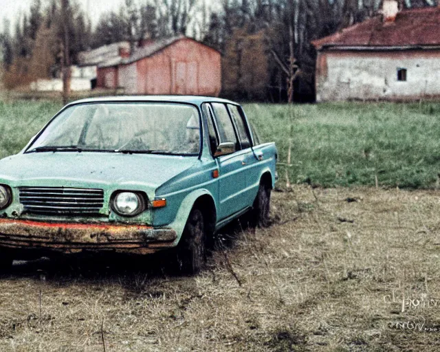 Image similar to a lomographic photo of old lada 2 1 0 7 standing in typical soviet yard in small town, hrushevka on background, cinestill, bokeh