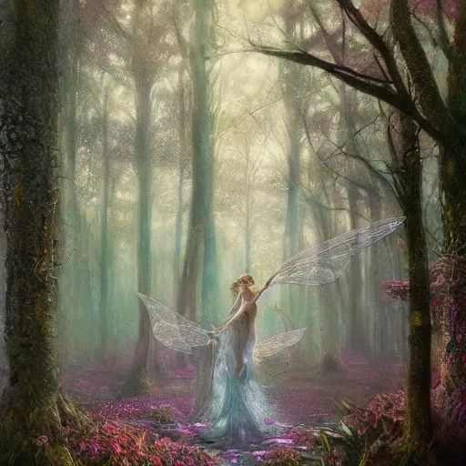 Prompt: Intricate five star Ethereal Fairy Forest by greg rutkowski, Colored pencil on paper, high detail, skin texture, photo realistic, hyperrealism,matte finish, high contrast, 3d depth, masterpiece, vivid and vibrant colors, Prismacolor Pencils,artstationhd