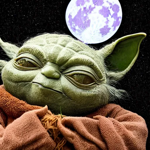 Prompt: “an 8k hi res extremely detailed photorealistic magazine editorial photo shoot pic of yoda with a long bear holding up and praising a glowing hemp leaf on a strange moon. Colorized”