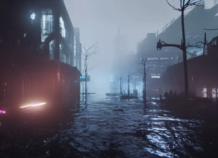 Image similar to dark, misty, foggy, flooded new york city street swamp in Destiny 2, liminal creepy, dark, dystopian, abandoned highly detailed 4k 60fps in-game destiny 2 screenshot gameplay showcase