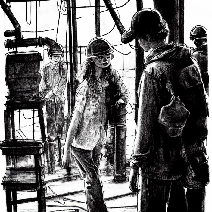 Image similar to sadie sink in dirty workmen clothes waves goodbye to workmen. background : factory, dirty, polluted. technique : black and white pencil and ink. by gabriel hardman, joe alves, chris bonura. cinematic atmosphere, detailed and intricate, perfect anatomy