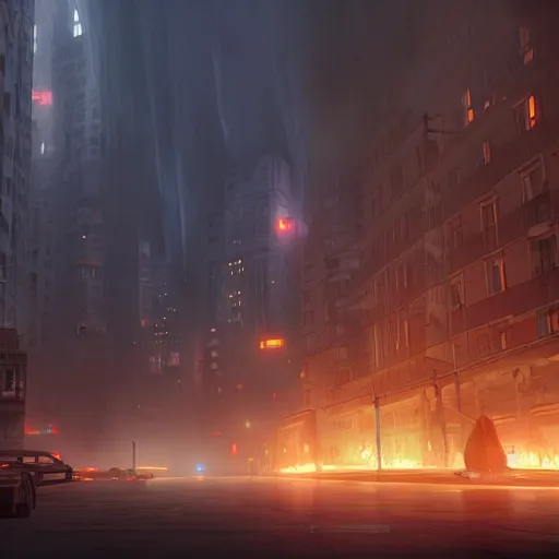 Image similar to city on fire greg rutkowski, digital art, volumetric fog, ue 4, ue 5, unreal engine 5,