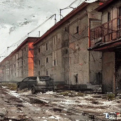 Image similar to painting of a abandoned post soviet town by jakub rozalski