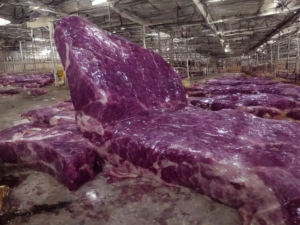 Image similar to shiny purple slab of meat being eaten by flies, warehouse, slaughterhouse, nightmare, horror,