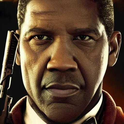 Prompt: Denzel Washington with a gun in fallout new vegas, movie still, face close-up, in color, detailed face, 4k