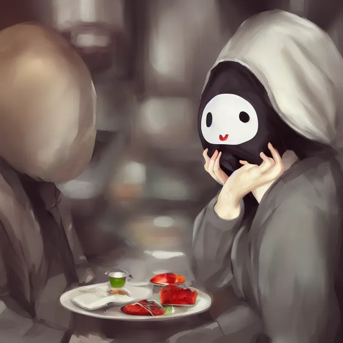 Image similar to hungry no - face munching in a shoppingmall, highly detailed, lifelike, photorealistic, digital painting, artstation, illustration, concept art