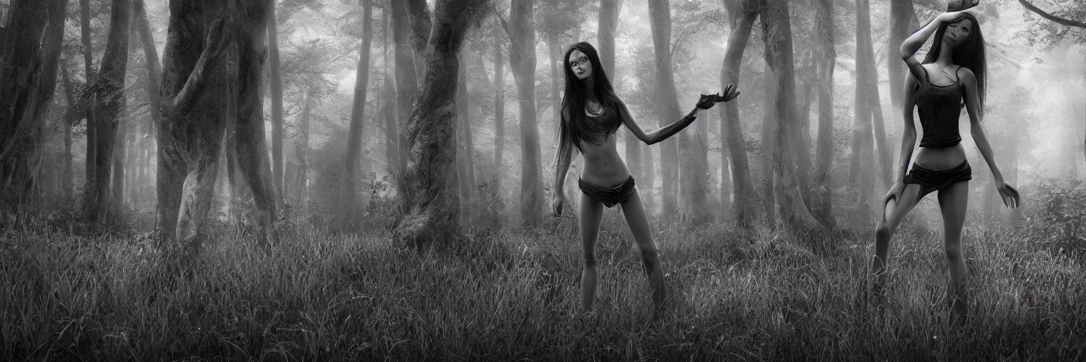 Image similar to epic fantasy render of a skinny girl body, long dark hairs, posing, woods, black and white, highly detailed, cinematic, hyperrealism, dynamic lighting, up light, octane render