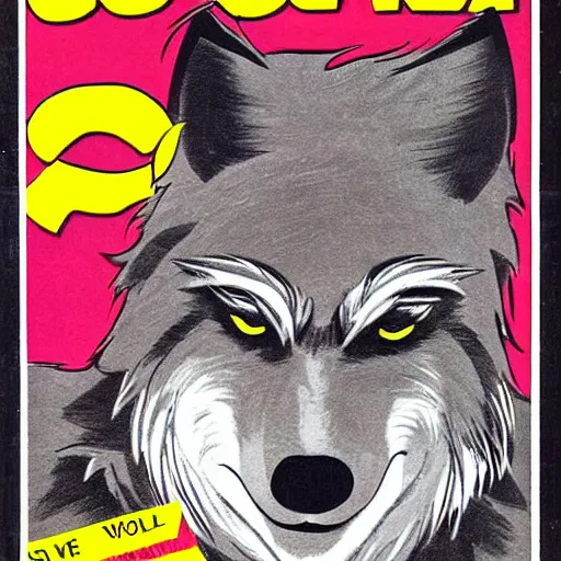 Image similar to 1 9 8 0 s cover scan of a comic featuring a portrait of male wolf o'donnell anthropomorphic wolf furry fursona from starfox wearing an intimidating mercenary uniform, fluffy eyebrows, dark grey wolf, wolf o'donnell, magazine scan, 1 9 8 0 s artwork scan
