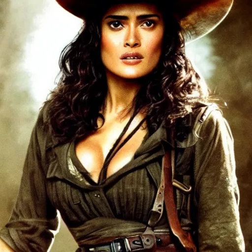 Image similar to Salma Hayek as Indiana Jones, cinematic, realistic, detailed, portrait