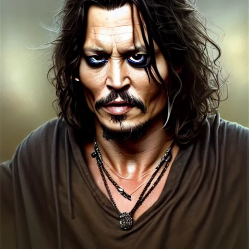 Prompt: wideangle!! portrait shot johnny depp dressed as aragorn, intricate, elegant, highly detailed, centered, digital painting, artstation, concept art, smooth, sharp focus, illustration, artgerm, tomasz alen kopera, peter mohrbacher, donato giancola, joseph christian leyendecker, wlop, boris vallejo