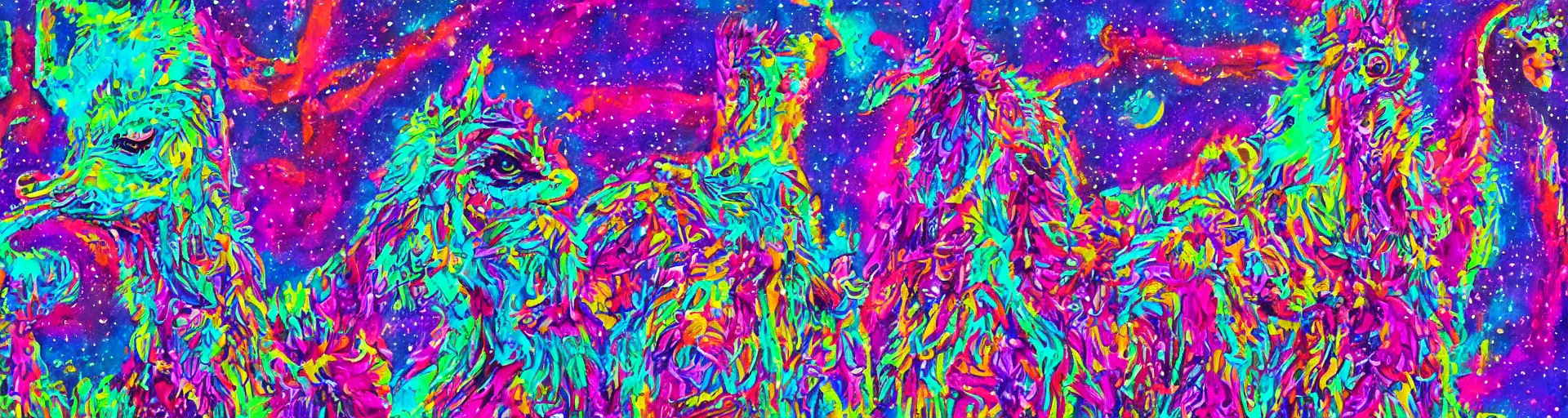 Prompt: Cryptid llama, space, psychedelia, expansive, maximalist, acrylic