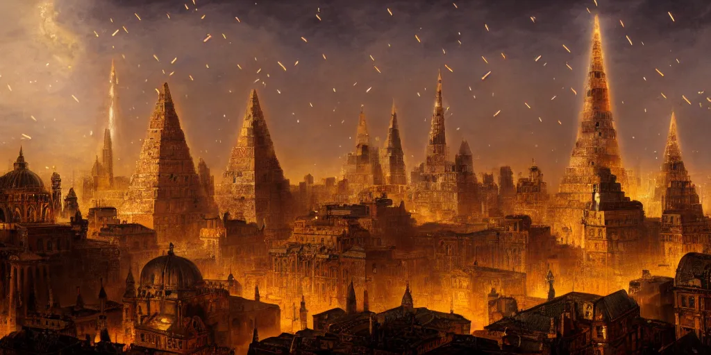 Prompt: magical city of the great tartarian empire adorned with amazing lost technology, lighting resembling fireflies, spires from rooftops collecting and distributing etheric energy, the centerpiece of the city is a colossal ancient pyramid made of metal, cityscape, combining intense detail & utmost quality, late 1 8 0 0 s photography christian hecker, artstation, - h 8 3 2