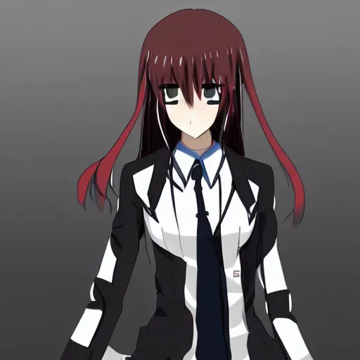 Image similar to Anime Major Kurisu Makise in all black uniform, low angle shot, digital art