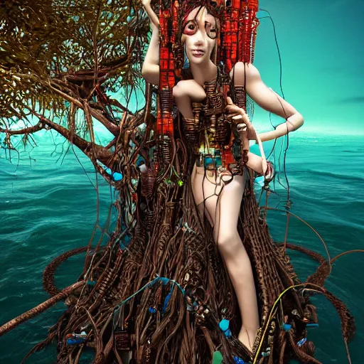 Prompt: piles of modular synth cables mixed with mangrove roots and old video game consoles, kawaii puerto rican goddess chilling out wearing a headpiece made of circuit boards, by cameron gray, wlop, stanley kubrick, masamune, hideki anno, jamie hewlett, unique perspective, trending on artstation, 3 d render, vivid