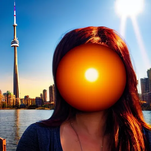 Image similar to Toronto tourist guide with planet mars as a head, dramatic cinematic lighting, Toronto landmarks background