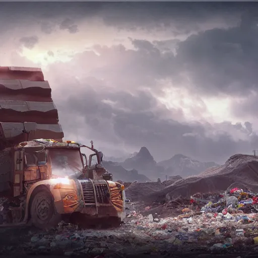 Prompt: trash toter, matte, painting, trending on artstation, incredible post - processing lighting, extreme detail, wide angle shot, epic scenery, epic scale, centered composition, cinematic composition, use rule of thirds, high details, intricate details, - s 1 5 0 - n 9