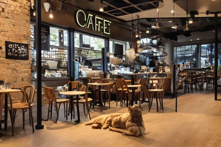 Prompt: photo of a dog drinking cafe inside starbucks, 4k