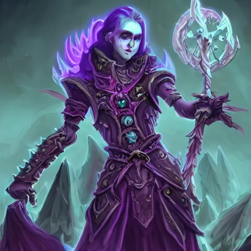 Image similar to a necromancer holding a bone staff, an army of undead rising from the ground in the background, violet theme, hearthstone art style, epic fantasy style art, fantasy epic digital art, epic fantasy card game art