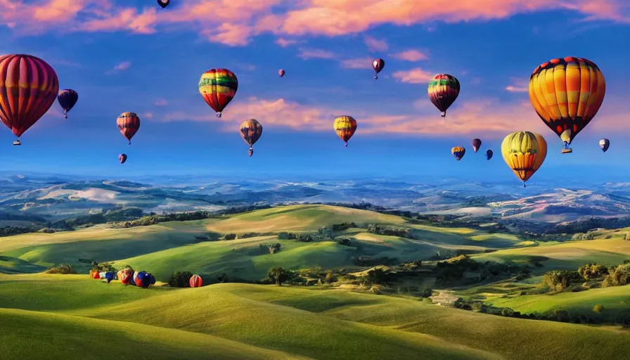 Image similar to a beautiful landscape painting, flying colorful hot air balloons, tuscany hills, by sam guay, moody lighting, hyperrealism, 4 k, octane render