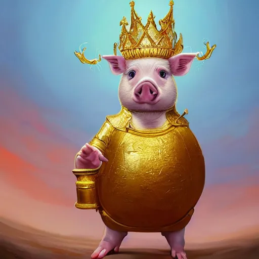 Prompt: an epic painting of a proudly standing pig wearing a gold crown, oil on canvas, golden hour, perfect composition, golden ratio, beautiful detailed, photorealistic, digital painting, artstation, concept art, smooth, sharp focus, illustration, fantasy background, artstation trending, octane render, unreal engine