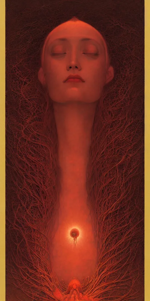 Image similar to Woman masterpiece, red, golden halo behind her head, by Edgar Maxence and Ross Tran, Zdzisław Beksiński, and Michael Whelan, distant, gustav dore, H.R. Giger, 8k, octane render