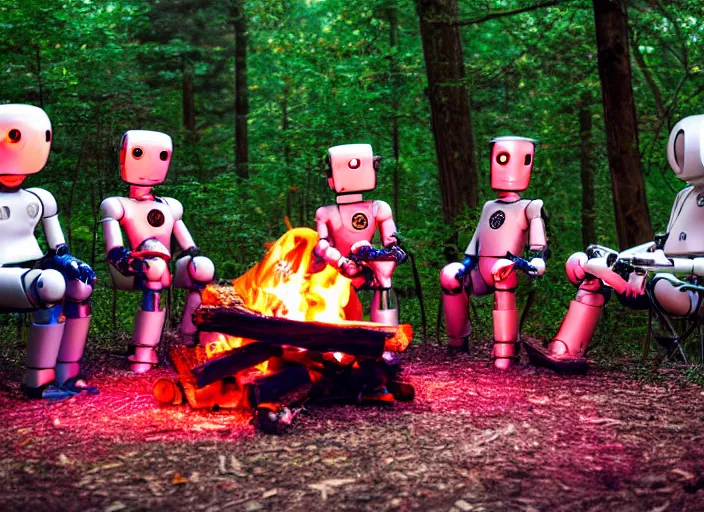 Image similar to 3 artistic robots sitting around a campfire, robots, campfire, chill, campfire song, robots, sitting in a circle