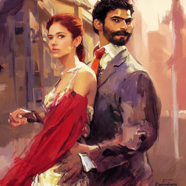 Image similar to book cover for a tamil man and red headed spanish girl portrait, elegant, intricate, digital painting, artstation, concept art, smooth, sharp focus, illustration, art by konstantin korovin and daniel f. gerhartz and john howe