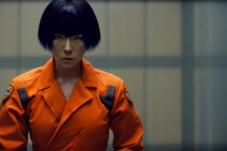 Prompt: major motoko wearing an orange prison jumpsuit facing camera, photography by fred palacio medium full shot still from bladerunner 2 0 4 9, sci fi, bladerunner, canon eos r 3, f / 3, iso 2 0 0, 1 / 1 6 0 s, 8 k, raw, unedited