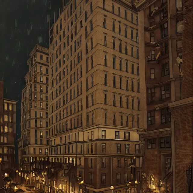 Image similar to action scene painting of a 1 9 2 0 s gothic style hotel in downtown boston, overlooking a dark street, architectural, atmospheric lighting, brooding, painted, intricate, ultra detailed, well composed, best on artstation, cgsociety, epic, stunning, gorgeous, intricate detail, much wow, masterpiece, cinematic aesthetic octane render, 8 k hd resolution,